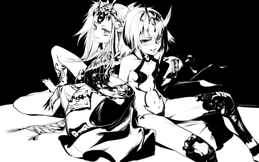 2girls bare_legs barefoot blush commentary_request cup fate/grand_order fate_(series) fingernails gourd greyscale highres horns ibaraki_douji_(fate/grand_order) long_hair looking_at_viewer looking_back monochrome multiple_girls navel ofuda qidai revealing_clothes sakazuki sharp_fingernails sharp_toenails short_hair shuten_douji_(fate/grand_order) sitting smile toenails tongue tongue_out