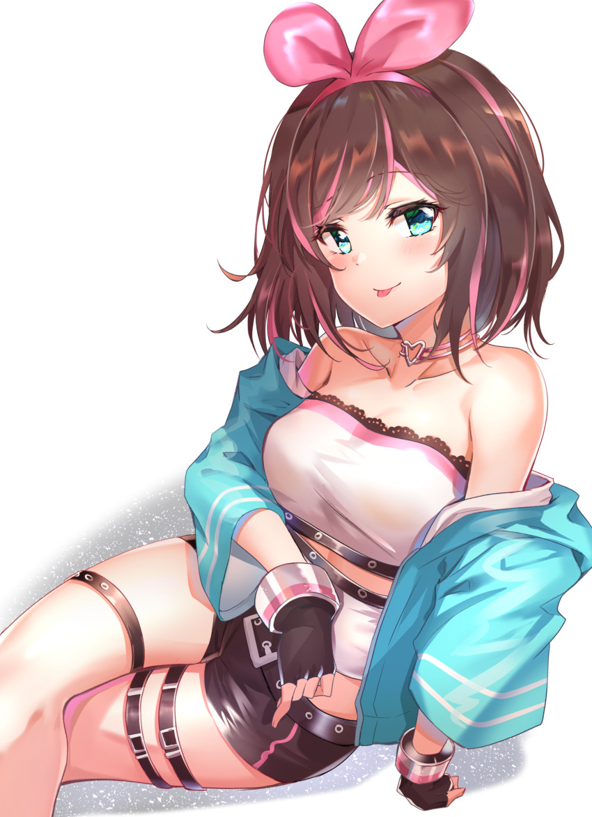 1girl :p a.i._channel aqua_eyes arm_support bangs bare_shoulders black_gloves black_shorts blue_jacket blush brown_hair choker closed_mouth collarbone commentary_request crop_top eyebrows_visible_through_hair fingerless_gloves gloves hair_ribbon hairband heart heart_choker highres jacket kizuna_ai korean_commentary leaning_back leg_belt legs_crossed long_sleeves looking_at_viewer multicolored_hair off_shoulder open_clothes open_jacket pink_choker pink_hair pink_hairband pink_ribbon ribbon shadow short_hair short_shorts shorts sitting smile solo sunhyun swept_bangs thigh_strap tongue tongue_out two-tone_hair virtual_youtuber white_background