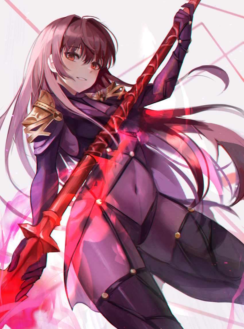 1girl absurdres armor bangs blush bodysuit breasts fate/grand_order fate_(series) gae_bolg_(fate) hair_between_eyes highres huge_filesize kyo_(maae00) large_breasts long_hair looking_at_viewer pauldrons polearm purple_bodysuit purple_hair red_eyes revision scathach_(fate) scathach_(fate)_(all) shoulder_armor smile solo spear thighs very_long_hair weapon