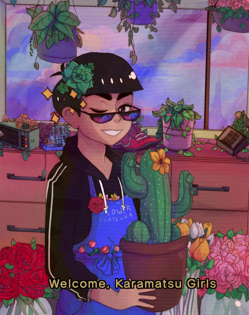 1boy apron black_eyes black_hair black_jacket blue_apron cactus clouds commentary drawstring english_commentary flower flower_shop grin hanging_plant highres hood hooded_jacket jacket leaf long_sleeves looking_at_viewer matsuno_karamatsu one_eye_closed osomatsu-kun phone pink_flower plant potted_plant radio red_flower red_rose rose shop smile solo sparkle standing subtitled sunglasses vines wendysakan white_flower white_stripes window yellow_flower