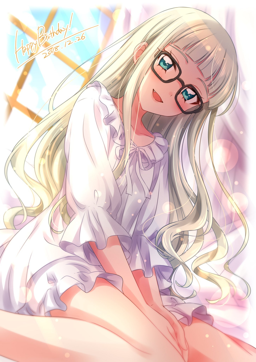 1girl :d aikatsu! aikatsu!_(series) bangs black-framed_eyewear blonde_hair blue_eyes blunt_bangs blurry blurry_background blush commentary_request dated day depth_of_field dress fang glasses head_tilt highres indoors lens_flare light_rays long_hair long_sleeves looking_at_viewer open_mouth sekina signature sitting smile solo toudou_yurika very_long_hair wariza white_dress