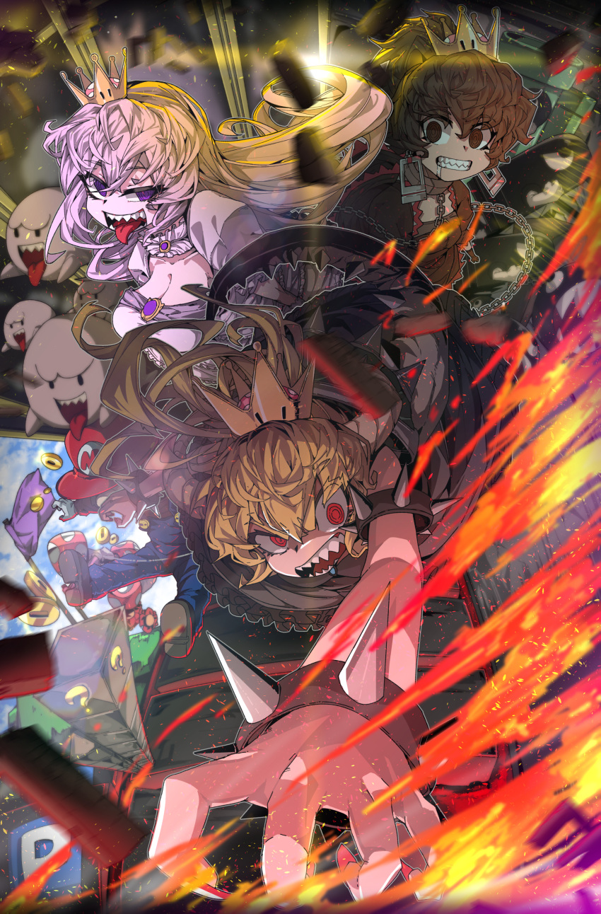 1boy 3girls ?_block absurdres bangs black_dress blonde_hair boo boots borrowed_design bowsette bracelet breasts brooch brown_eyes brown_hair bullet_bill buttons chain_chomp chains cleavage clenched_teeth coin collar commentary crown debris dress drooling earrings eyebrows_visible_through_hair final_fantasy fingernails fire fisheye foreshortening frilled_collar frills full_body ghost gloves hair_between_eyes half-closed_eye hat high_heel_boots high_heels highres horns jewelry lavender_hair long_fingernails long_hair long_sleeves looking_at_viewer luigi's_mansion mario super_mario_bros. motion_blur multiple_girls nail_polish new_super_mario_bros._u_deluxe nintendo open_mouth outstretched_arm overalls pale_skin personification ponytail princess_chain_chomp princess_king_boo red_eyes red_nails ringed_eyes sharp_fingernails sharp_teeth sharp_tongue smile spiked_armlet spiked_bracelet spiked_shell spikes super_crown super_mario_bros. takoongyi teeth thick_eyebrows tongue tongue_out turtle_shell v-shaped_eyebrows violet_eyes wide-eyed