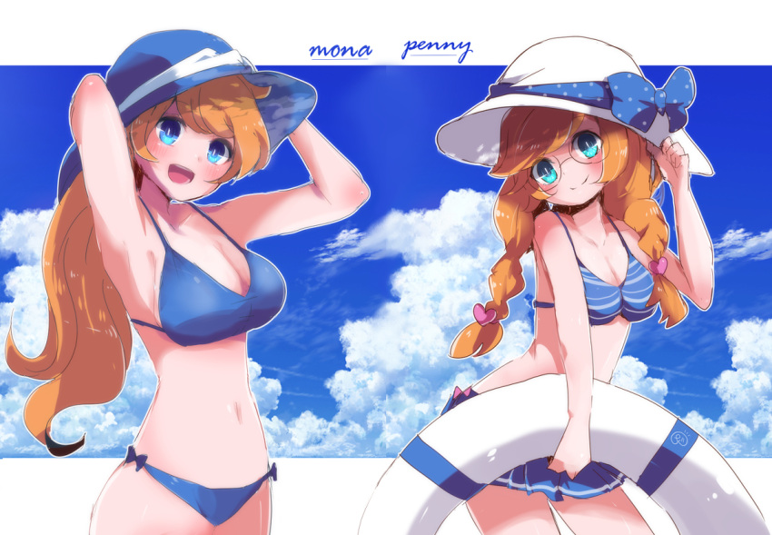 2girls bikini bikini_skirt blue_bikini blue_eyes blush brown_hair cute glasses hat heart herunia_kokuoji innertube intelligent_systems long_hair mona_(warioware) nintendo open_mouth outdoors penny_crygor ribbon sky summer swimsuit twintails warioware