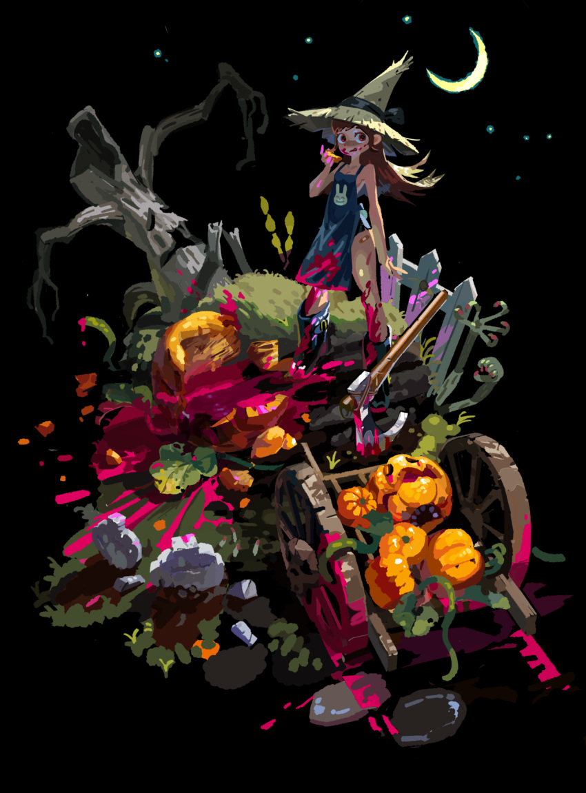 1girl apron axe black_background black_ribbon blue_footwear brown_hair crescent_moon fence fuwata grass grave hat highres leaf long_hair looking_at_viewer moon night original plant pumpkin rabbit red_eyes ribbon rock simple_background splatter star_(sky) teeth tombstone tongue tongue_out tree tree_branch vines wheel wheelbarrow witch_hat zombie