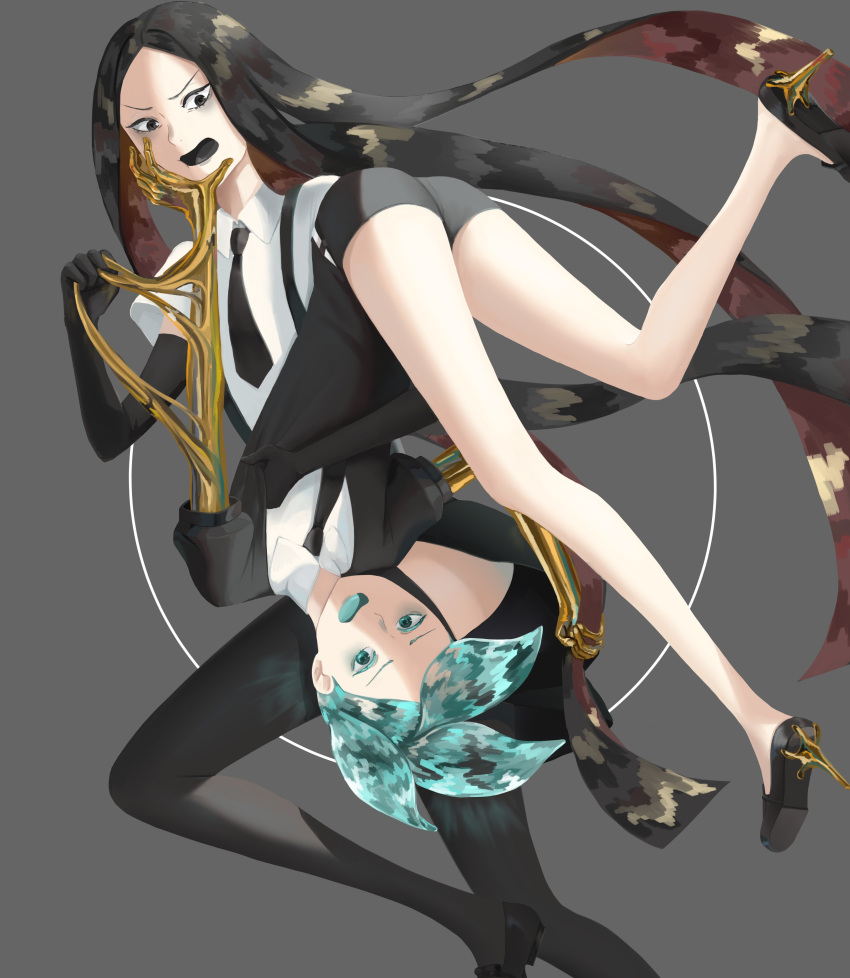 2others absurdres androgynous aqua_eyes aqua_hair black_eyes black_hair bort carrying colored_eyelashes crystal_hair elbow_gloves gem_uniform_(houseki_no_kuni) gloves gold golden_arms grey_background high_heels highres houseki_no_kuni long_hair multiple_others necktie open_mouth phosphophyllite short_hair suspenders thigh-highs upside-down very_long_hair