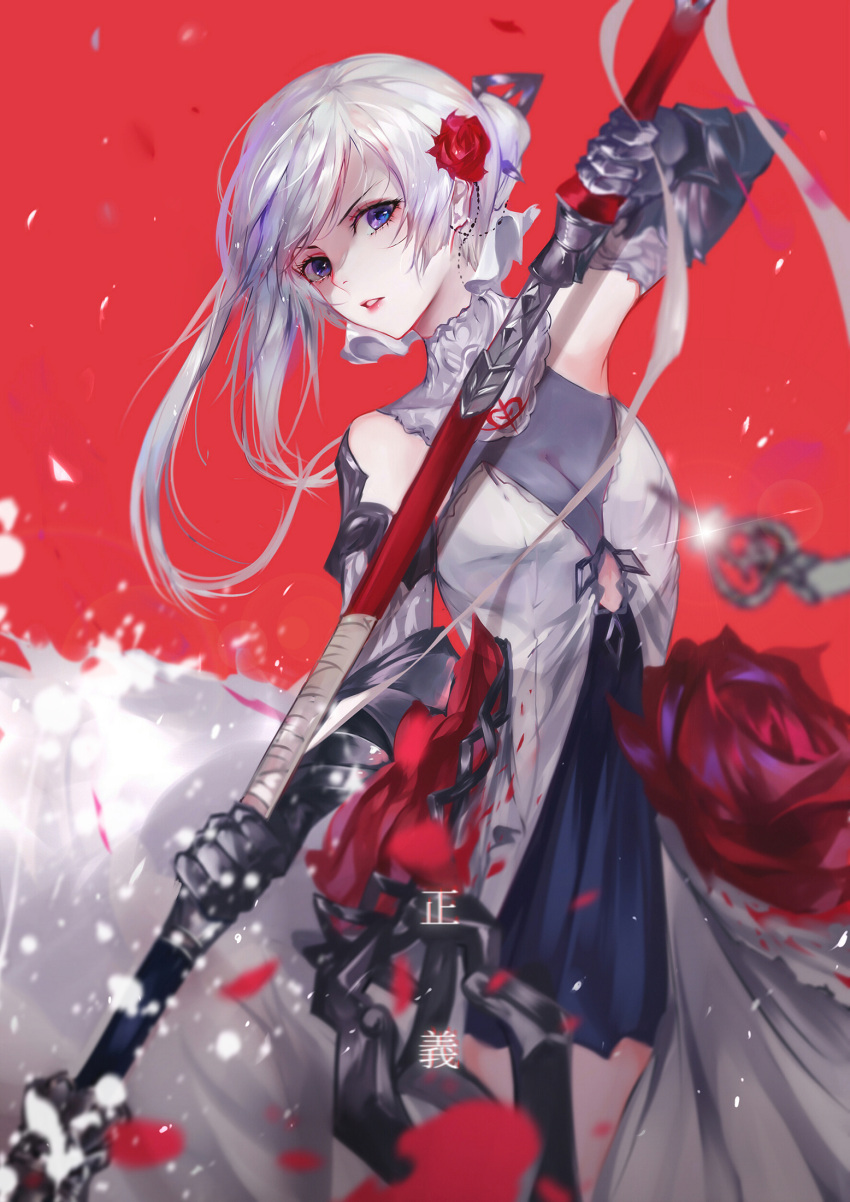 1girl bangs blood blue_eyes breasts cleavage commentary_request dress floating flower gauntlets gloves hair_flower hair_ornament highres holding holding_polearm holding_weapon long_hair looking_at_viewer medium_breasts parted_lips petals ponytail princess rose silver_hair simple_background sinoalice snow_white_(sinoalice) solo vardan weapon white_dress