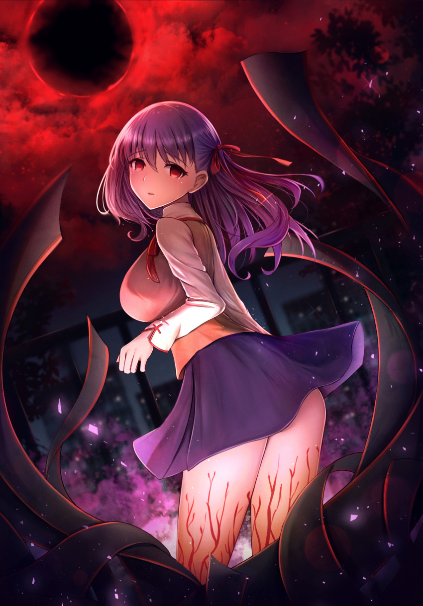 bangs black_moon blurry blurry_background breasts brown_vest commentary_request crying crying_with_eyes_open dutch_angle empty_eyes fate/stay_night fate_(series) fou_zi from_behind hair_ribbon heaven's_feel highres homurahara_academy_uniform large_breasts leaning_forward long_hair long_sleeves looking_at_viewer looking_back matou_sakura moon night outdoors purple_skirt railing red_eyes red_ribbon red_sky ribbon shirt skirt sky standing streaming_tears tears thighs vest white_shirt