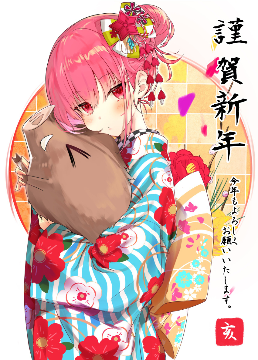 &gt;_&lt; 1girl absurdres animal ariaria_(netsuki) bangs blue_kimono blush boar brown_ribbon checkered chinese_zodiac closed_mouth commentary_request eyebrows_visible_through_hair floral_print flower furisode hair_bun hair_ornament hair_ribbon happy_new_year head_tilt highres japanese_clothes kanzashi kimono long_sleeves looking_at_viewer miruto_netsuki new_year obi original pink_hair print_kimono red_eyes red_flower ribbon sash short_hair sidelocks solo star striped striped_kimono translated upper_body white_background wide_sleeves year_of_the_pig