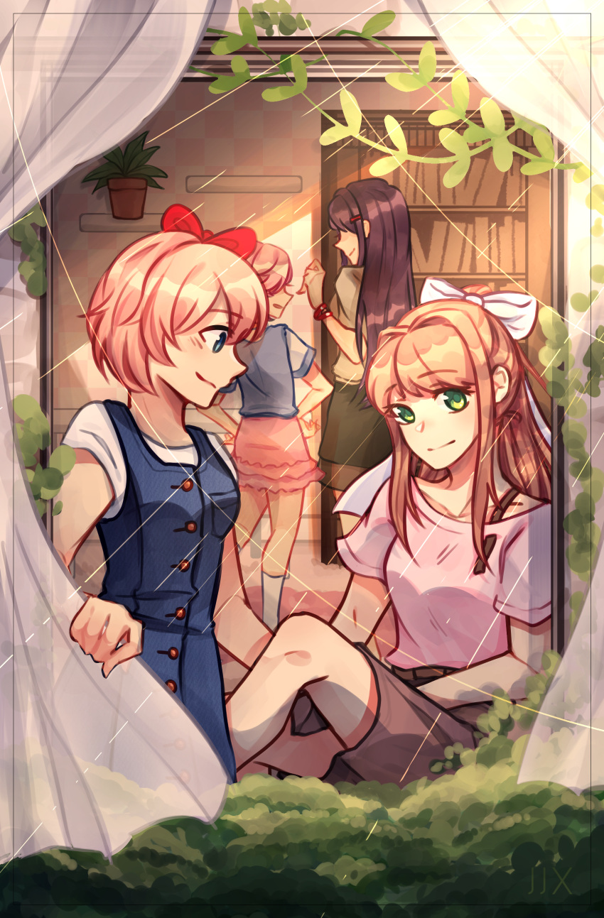 4girls absurdres blue_eyes bookshelf bow brown_hair curtains doki_doki_literature_club eriochromatic eyebrows_visible_through_hair green_eyes hair_bow hair_ornament hair_ribbon hairclip highres light_smile long_hair looking_at_another looking_at_viewer monika_(doki_doki_literature_club) multiple_girls natsuki_(doki_doki_literature_club) pink_hair plant ponytail potted_plant purple_hair red_bow ribbon sayori_(doki_doki_literature_club) short_hair sunlight white_ribbon yuri_(doki_doki_literature_club)