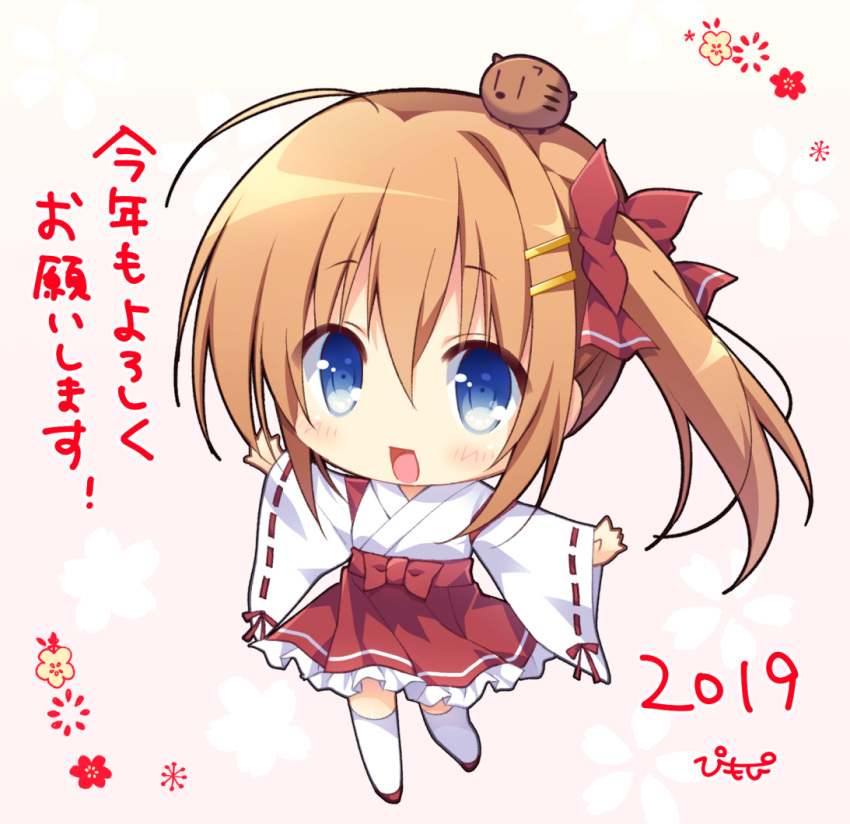 1girl 2019 :d animal animal_on_head bangs blue_eyes blush boar bow chibi chinese_zodiac commentary_request eyebrows_visible_through_hair frilled_skirt frills hair_between_eyes hair_bow hair_ornament hairclip japanese_clothes kimono light_brown_hair long_sleeves looking_at_viewer miko on_head open_mouth original outstretched_arms pimopi red_bow red_footwear red_skirt ribbon-trimmed_sleeves ribbon_trim short_kimono side_ponytail sidelocks skirt sleeves_past_wrists smile solo spread_arms standing standing_on_one_leg thigh-highs translated white_kimono white_legwear wide_sleeves year_of_the_pig