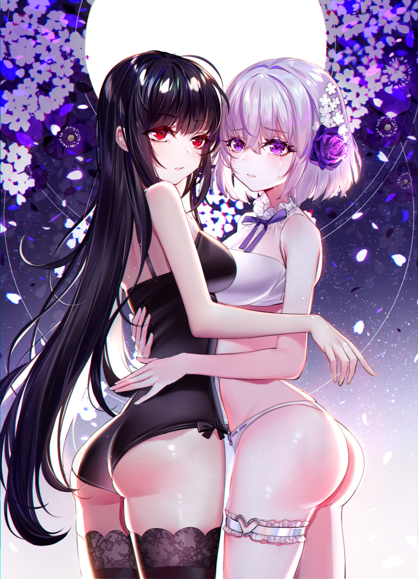 2girls absurdres ass bandeau bangs baocaizi bare_arms bare_shoulders black_hair black_legwear black_leotard blush bow bow_panties commentary_request crying crying_with_eyes_open eyebrows_visible_through_hair flower glowing hair_between_eyes hair_flower hair_ornament highres lace lace-trimmed_thighhighs leotard long_hair multiple_girls original panties parted_lips purple_flower purple_rose red_eyes ribbon-trimmed_panties rose short_hair silver_hair tears thigh-highs underwear very_long_hair violet_eyes white_bandeau white_flower white_panties