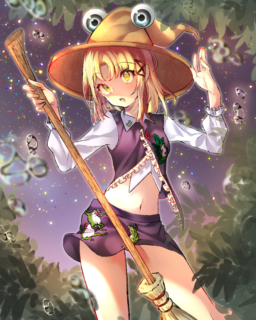 1girl adapted_costume animal_print arms_up bangs blonde_hair broom brown_hat bubble collared_shirt commentary_request contrapposto cowboy_shot eyebrows_visible_through_hair frog_print hair_ribbon hat highres holding holding_broom long_hair long_sleeves midriff miniskirt moriya_suwako navel onikutonasu outdoors parted_bangs purple_skirt purple_sky purple_vest red_ribbon ribbon shirt skirt solo touhou vest white_shirt wing_collar yellow_eyes