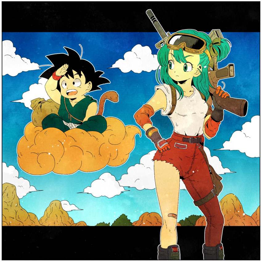 1boy 1girl :d aqua_eyes aqua_hair bag bandage black_eyes black_hair blue_sky boots border bulma carrying clouds cloudy_sky day denim dougi dragon_ball dragon_ball_(classic) expressionless floating flying_nimbus gloves goggles goggles_on_head gun hand_on_hip hand_on_own_face happy highres jeans legs_crossed letterboxed looking_away mountain open_mouth outdoors over_shoulder pants rock shirt short_hair sitting sky sleeves_rolled_up smile son_gokuu spiky_hair spread_legs standing tail teeth toritoki_(trig_tkdb) torn_clothes tree upper_teeth weapon weapon_over_shoulder white_border white_shirt wristband