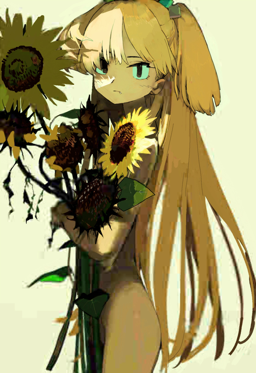 1girl arm_around_waist bangs blonde_hair blue_eyes closed_mouth fang flower hageshii_nakano highres holding holding_flower idolmaster idolmaster_cinderella_girls jougasaki_rika jpeg_artifacts leaf looking_at_viewer nude simple_background solo sunflower yellow_background