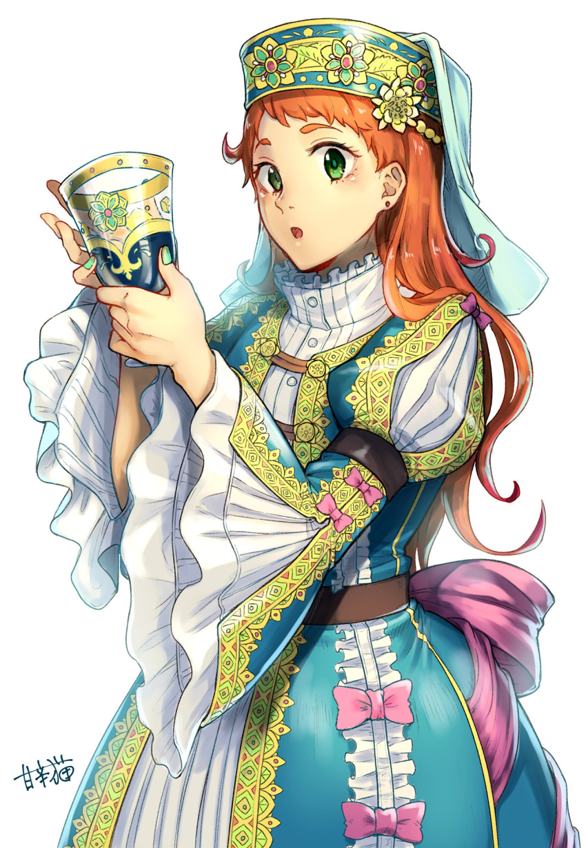 1girl brown_hair cup drinking_glass earrings flat_cap frills green_eyes hat highres holding jewelry juliet_sleeves long_hair long_sleeves looking_at_viewer nail_polish open_mouth original puffy_sleeves raito_(latek) traditional_dress white_background wine_glass