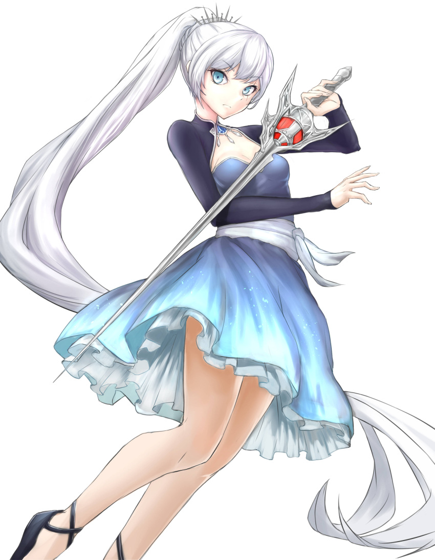 1girl absurdly_long_hair absurdres blue_dress blue_eyes breasts cleavage dress eyebrows_visible_through_hair floating_hair goldevil hair_rollers highres holding holding_sword holding_weapon jewelry layered_dress long_hair long_sleeves looking_at_viewer necklace ponytail rwby short_dress shrug_(clothing) silver_hair simple_background sleeveless sleeveless_dress small_breasts solo strapless strapless_dress sword very_long_hair weapon weiss_schnee white_background