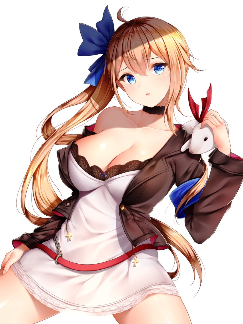 1girl ahoge animal animal_on_shoulder bangs blonde_hair blue_bow blue_eyes blush bow breasts brown_hair choker cleavage collarbone cross dress eyebrows_visible_through_hair fal_(girls_frontline) ferret girls_frontline highres jacket lace lace_choker large_breasts long_hair looking_at_viewer off_shoulder open_clothes open_jacket open_mouth ribbon side_ponytail simple_background single_thighhigh solo thigh-highs very_long_hair white_background wsman