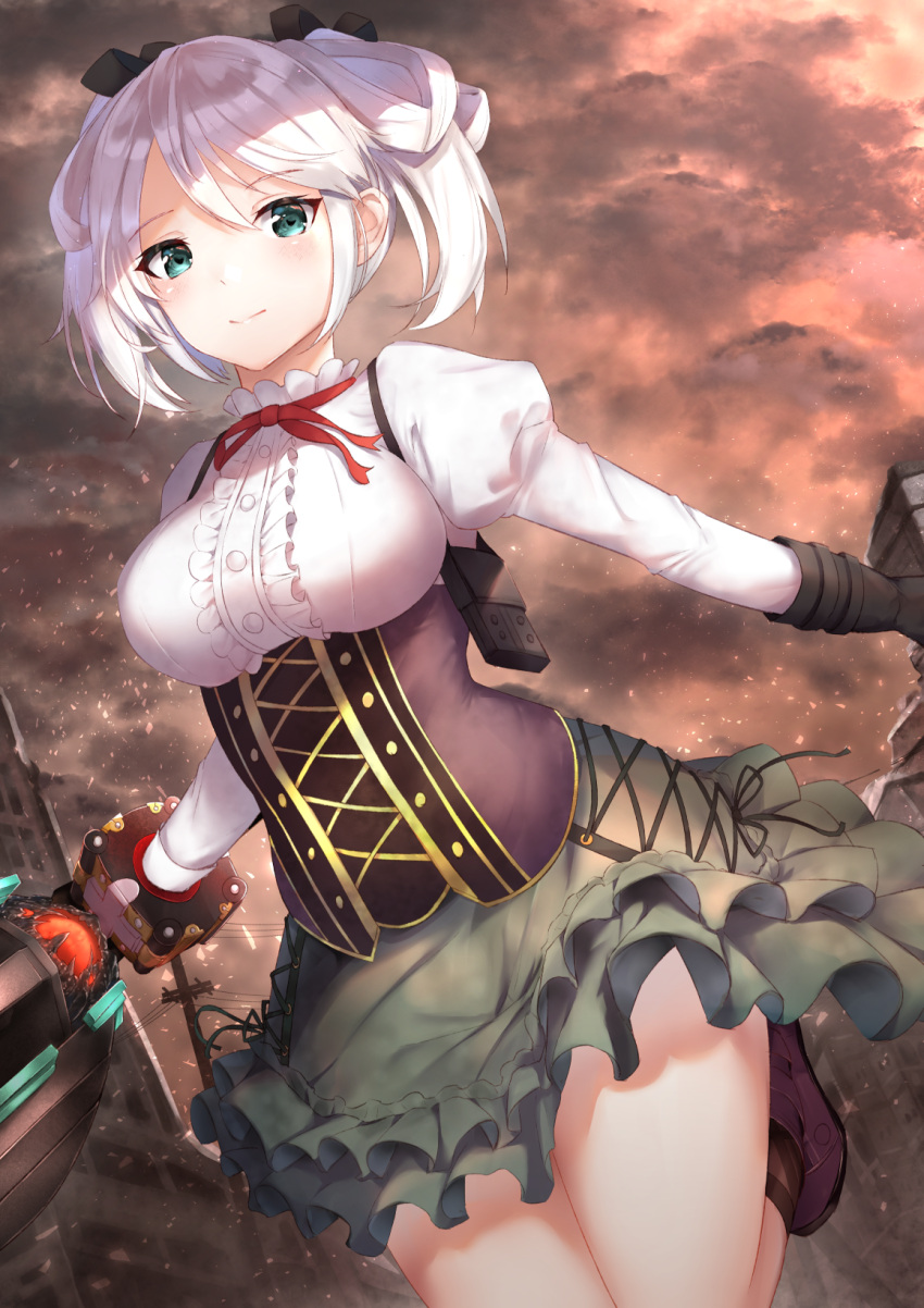 1girl black_gloves black_ribbon blush boots breasts brown_legwear center_frills ciel_alencon closed_mouth clouds cloudy_sky commentary_request corset cross-laced_clothes day dutch_angle eyebrows_visible_through_hair frilled_shirt frills gloves god_eater god_eater_2:_rage_burst green_skirt hair_ribbon hair_rings highres holding holding_weapon juliet_sleeves knee_boots kneehighs large_breasts layered_skirt leg_up long_sleeves neck_ribbon outdoors outstretched_arm puffy_sleeves purple_footwear red_neckwear red_ribbon reuri_(tjux4555) ribbon ruins shirt short_hair skirt sky smile solo telstar thighs twintails underbust weapon white_shirt