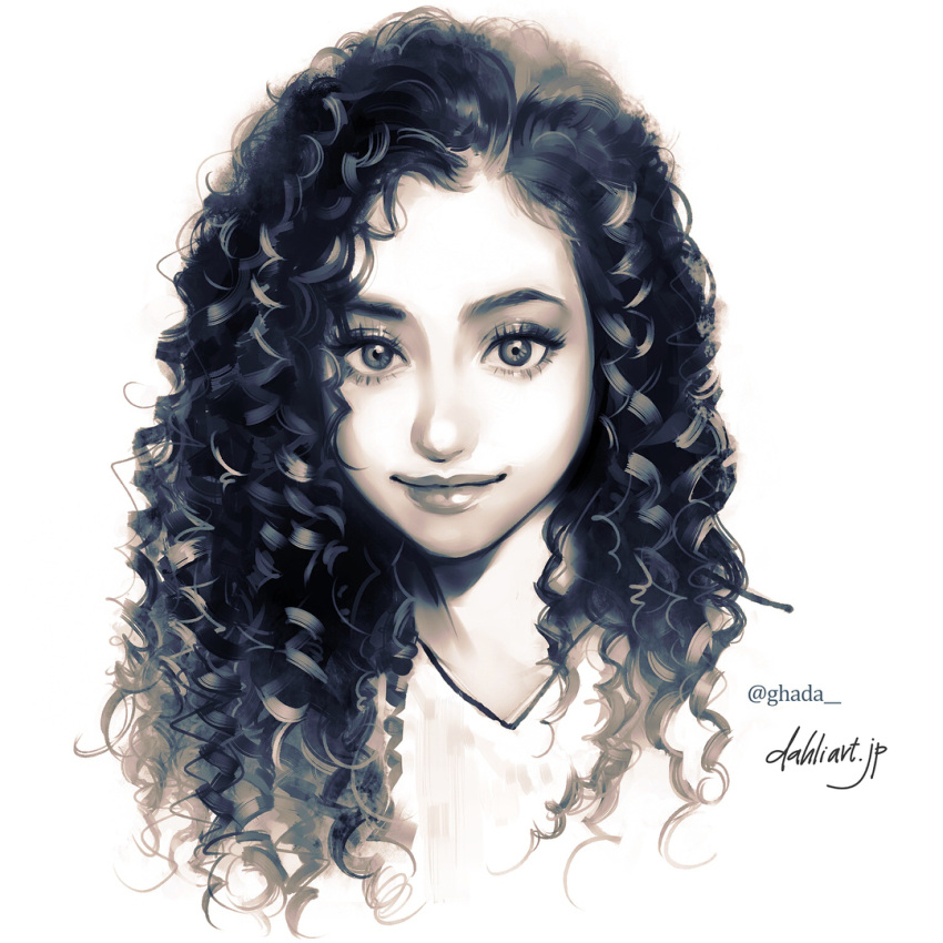 artist_name commentary commission curly_hair english_commentary greyscale lips looking_at_viewer monochrome original portrait shirt simple_background smile solo takenaka watermark web_address white_background