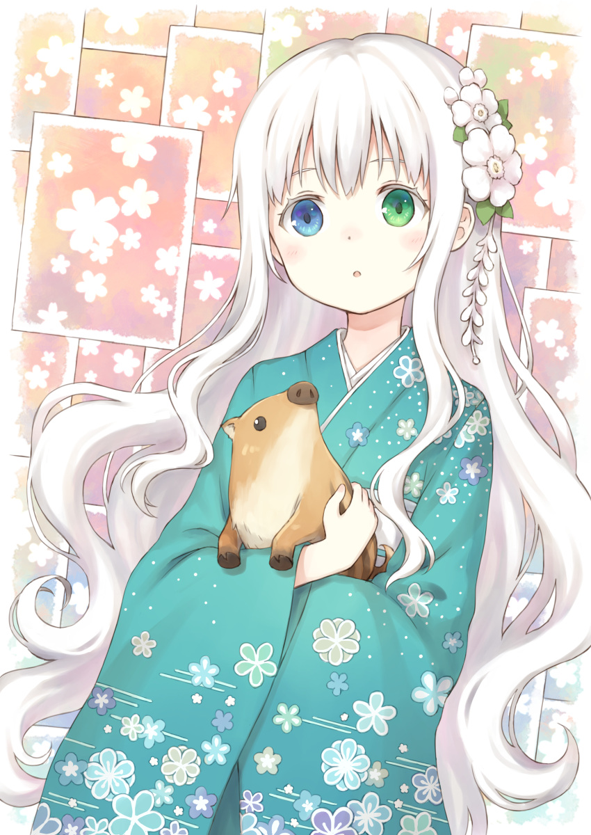 104 1girl :o absurdres animal aqua_kimono bangs blue_eyes blush boar carrying chinese_zodiac collage_background commentary_request dutch_angle floral_background floral_print flower furisode green_eyes hair_flower hair_ornament heterochromia highres japanese_clothes kanzashi kimono leaf long_hair looking_at_viewer original parted_lips print_kimono sidelocks solo upper_body very_long_hair wavy_hair white_flower white_hair year_of_the_pig