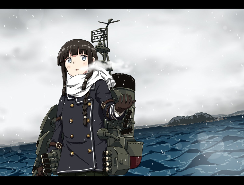 1girl :o alternate_costume any_(lucky_denver_mint) bangs black_border black_hair blunt_bangs blush border braid breath brown_gloves clouds cloudy_sky eyebrows_visible_through_hair gloves grey_eyes hair_tie island jacket kantai_collection kitakami_(kantai_collection) long_hair long_sleeves machinery ocean open_mouth outdoors outstretched_hand pleated_skirt rigging scarf sidelocks single_braid skirt sky snow solo standing steam torpedo_launcher torpedo_tubes water white_scarf winter_clothes