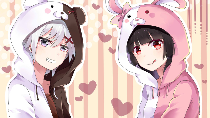 1boy 1girl animal_ears bear black_hair blue_eyes bow brown_shirt closed_mouth collarbone commentary_request dangan_ronpa dot_eyes dot_nose eyebrows_visible_through_hair grin hair_bow hair_ornament half-closed_eyes heart highres hood hood_up hoodie jacket looking_at_viewer mako_dai_ni-dai monokuma monomi_(dangan_ronpa) multicolored multicolored_background open_clothes open_eyes open_jacket personification pink_bow pink_eyes shirt short_hair smile striped striped_background super_dangan_ronpa_2 teeth tongue tongue_out white_hair x_hair_ornament