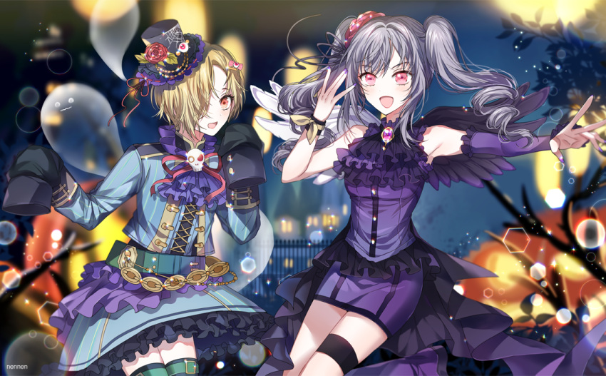 2girls :d black_footwear blonde_hair blue_skirt blurry blurry_background boots detached_sleeves drill_hair floating_hair grey_ribbon hair_ornament hair_ribbon halloween halloween_costume idolmaster idolmaster_cinderella_girls kanzaki_ranko knee_boots layered_skirt long_hair long_sleeves miniskirt multiple_girls nail_polish neck_ribbon nennen night night_sky open_mouth outdoors outstretched_arm pencil_skirt pink_eyes purple_nails purple_neckwear purple_skirt purple_sleeves red_ribbon ribbon shirasaka_koume short_hair silver_hair single_sleeve skirt skull sky sleeves_past_wrists smile thigh-highs thigh_strap twin_drills twintails very_long_hair