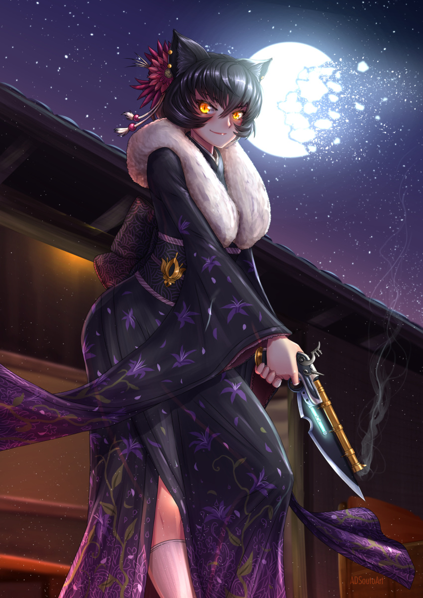 1girl adsouto animal_ear_fluff animal_ears artist_name bangs black_hair blush broken_moon building cat_ears ear_piercing eyebrows_visible_through_hair fur_collar glowing glowing_eyes gun gunblade hair_between_eyes hair_ornament highres holding holding_gun holding_weapon japanese_clothes kali_belladonna kimono looking_at_viewer mature moon night night_sky obi outdoors piercing rwby sash sky smile smoke smoking_gun solo standing star_(sky) starry_sky weapon yellow_eyes