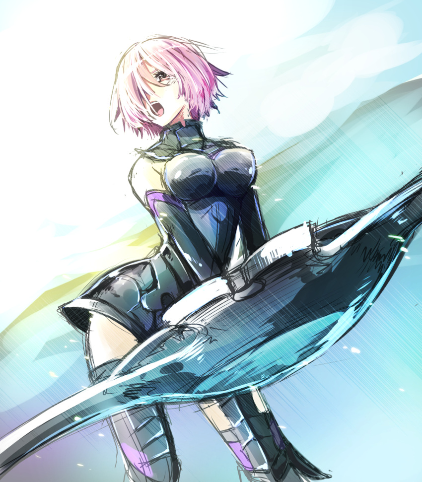 1girl armor bangs bare_shoulders black_armor black_gloves breasts butano_(star-dust_boxxx) elbow_gloves fate/grand_order fate_(series) gloves hair_over_one_eye highres holding_shield mash_kyrielight medium_breasts open_mouth purple_hair shield short_hair solo teeth thigh-highs turtleneck violet_eyes