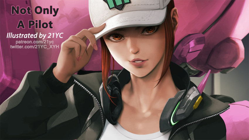 1girl 21yc_(september_breeze) baseball_cap brown_eyes brown_hair d.va_(overwatch) hand_on_headwear hat headphones headphones_around_neck jacket looking_at_viewer nail_polish overwatch patreon_username shirt solo t-shirt twitter_username