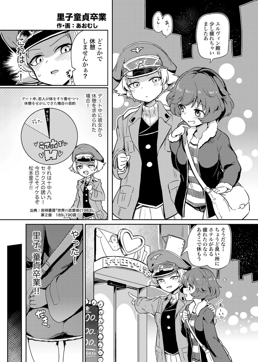 2girls akiyama_yukari aomushi_(mushamusha) arm_around_waist bag blush comic erwin_(girls_und_panzer) girls_und_panzer handbag hat highres jacket long_sleeves love_hotel monochrome multiple_girls night night_sky peaked_cap pie_chart pointy_hair short_hair sky sweater translation_request turtleneck turtleneck_sweater