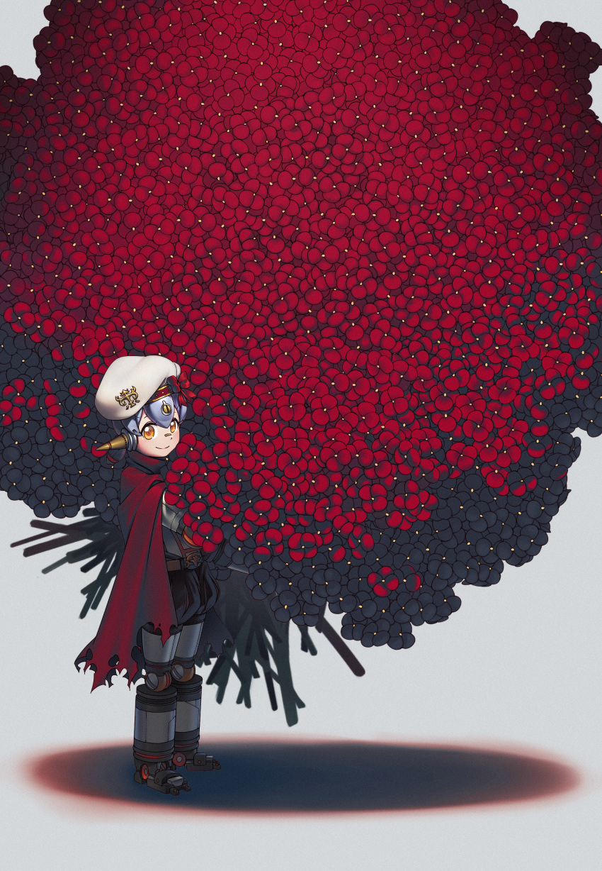 1girl absurdres android bangs belt beret black_shorts blush bouquet bow cape closed_mouth flower full_body grey_background hana_(xenoblade) hat hat_bow highres holding holding_bouquet long_hair looking_at_viewer low_twintails nintendo object_namesake orange_eyes poppy_(flower) puffy_shorts purple_hair red_bow red_cape red_flower robot_joints shorts smile solo standing tareme torn_cape torn_clothes twintails white_hat xenoblade_(series) xenoblade_2 yan_wan