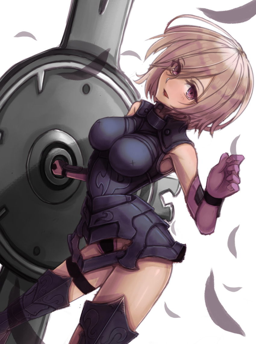 1girl :d absurdres armored_boots armored_leotard black_leotard boots breasts breasts_apart elbow_gloves fate/grand_order fate_(series) gloves head_tilt highres holding_shield leotard mash_kyrielight medium_breasts open_mouth petals purple_gloves shield short_hair silver_hair simple_background smile solo tacch thigh-highs thigh_boots violet_eyes white_background