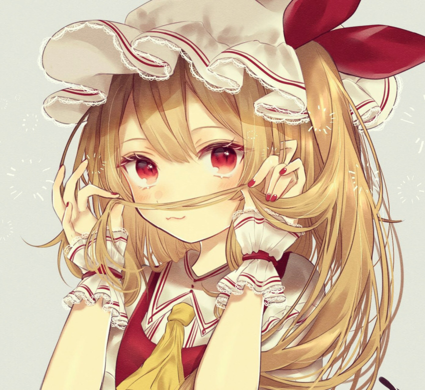 1girl :3 ascot bangs blonde_hair closed_mouth fake_facial_hair fake_mustache fingernails flandre_scarlet grey_background hands_up hat hat_ribbon highres holding holding_hair long_hair looking_at_viewer mob_cap nail_polish one_side_up pointy_ears puffy_short_sleeves puffy_sleeves red_eyes red_ribbon red_vest ribbon short_sleeves simple_background smile solo touhou upper_body vest white_hat wings wrist_cuffs yedan yellow_neckwear