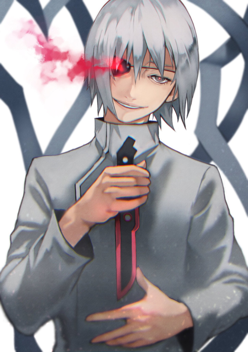 1girl 55level black_eyepatch commentary evil_smile eyepatch gradient_eyes grey_eyes grey_hair grey_jacket hair_between_eyes half-closed_eye highres holding holding_knife holding_weapon jacket kagune_(tokyo_ghoul) knife knive multicolored multicolored_eyes mutsuki_tooru one_eye_covered open_eyes open_mouth reverse_trap short_hair smile solo teeth tokyo_ghoul upper_body weapon