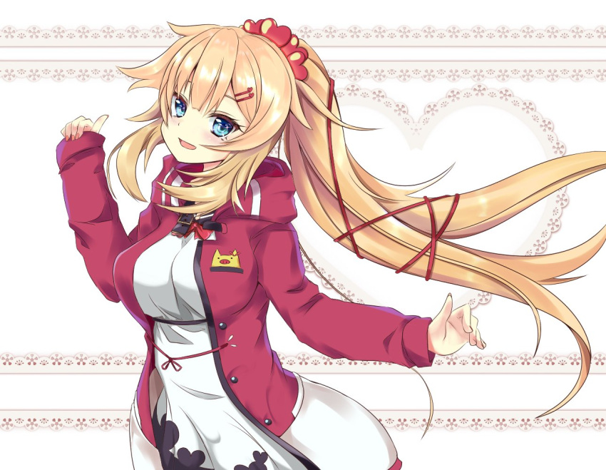 1girl akai_haato alternate_costume alternate_hairstyle arm_up blonde_hair blue_eyes blush breasts commentary_request hair_ornament hairclip hololive jacket konsune_(tengerium) large_breasts long_hair looking_at_viewer open_mouth virtual_youtuber white_background