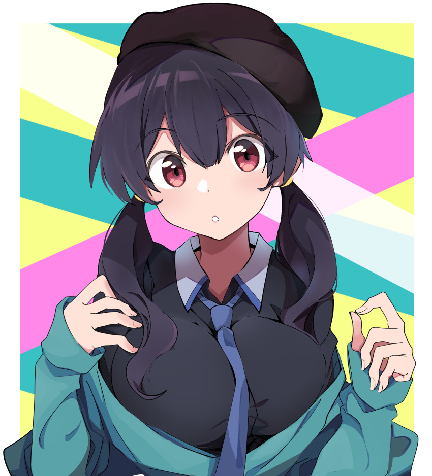 1girl :o absurdres bangs beret black_shirt blue_jacket blue_neckwear breasts brown_hair brown_hat collared_shirt eyebrows_visible_through_hair fingernails hair_between_eyes hands_up hat highres jacket kazenoko large_breasts looking_at_viewer low_twintails necktie off_shoulder original parted_lips red_eyes shirt sleeves_past_wrists solo twintails