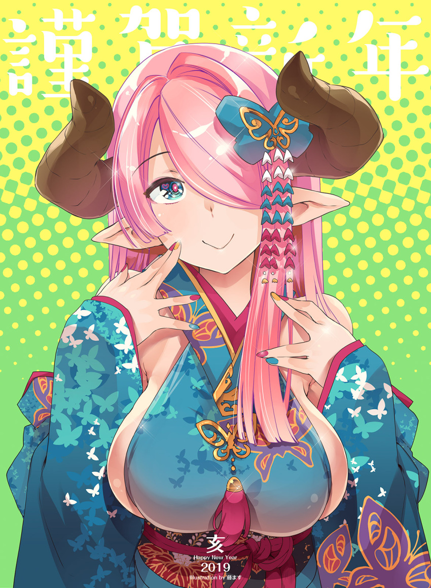 1girl 2019 animal_print bare_shoulders blue_eyes blue_kimono blue_nails breasts butterfly_hair_ornament butterfly_print closed_mouth commentary_request dotted_background draph eyebrows_visible_through_hair granblue_fantasy hair_ornament hands_up highres horns japanese_clothes kimono large_breasts long_hair looking_at_viewer multicolored multicolored_nails nail_polish narmaya_(granblue_fantasy) new_year obi off_shoulder pink_hair pointy_ears print_kimono purple_nails sash shiny shiny_hair sideboob skindentation smile solo thomasz translated upper_body wide_sleeves yellow_nails