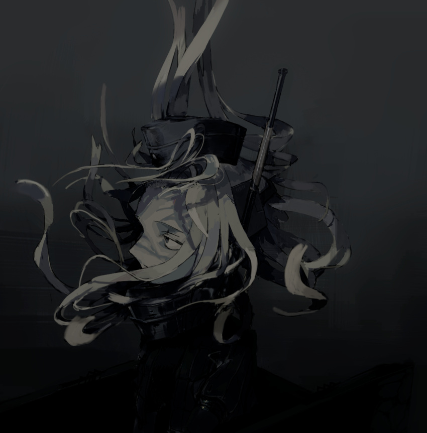 1girl bangs closed_mouth dark_background from_side garrison_cap hageshii_nakano hair_ornament hat highres kantai_collection long_hair military military_hat pale_skin solo u-511_(kantai_collection) underwater upper_body white_hair