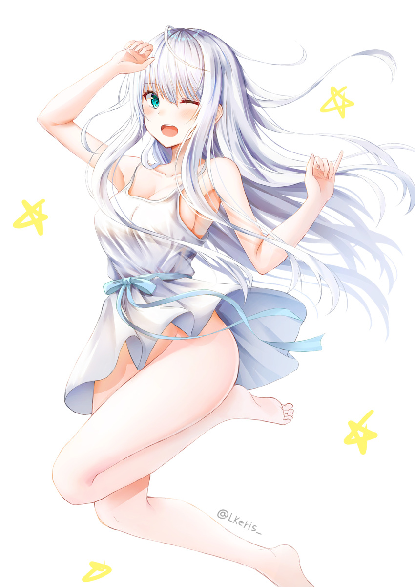 1girl ;d ahoge aqua_eyes arm_up armpits bangs bare_arms bare_legs bare_shoulders barefoot blue_ribbon blush breasts cleavage collarbone commentary_request dress eyebrows_visible_through_hair floating_hair hair_between_eyes hand_up highres leg_up lkeris long_hair looking_at_viewer medium_breasts no_panties one_eye_closed open_mouth original pinky_out ribbon sidelocks silver_hair simple_background smile solo spaghetti_strap star thighs twitter_username upper_teeth very_long_hair white_background white_dress wind wind_lift