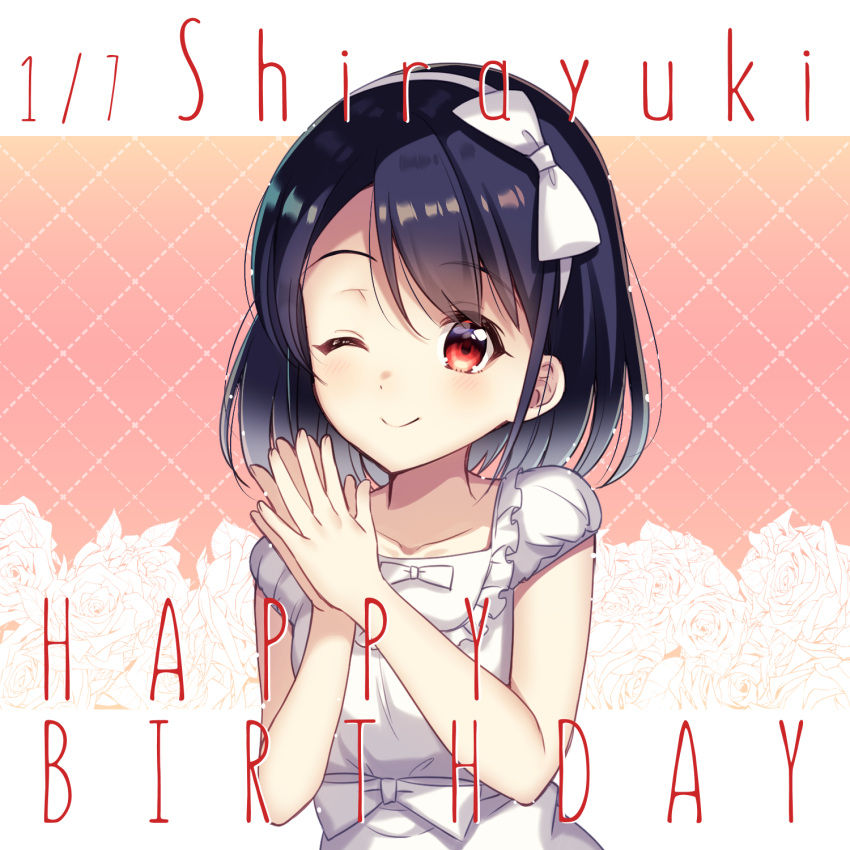 1girl argyle argyle_background bangs bare_arms black_hair blush bow closed_mouth collarbone eyebrows_visible_through_hair fantasic_kiss floral_background flower frilled_shirt frills gradient_hair hair_bow hairband hands_up happy_birthday highres ichiren_namiro idol looking_at_viewer multicolored_hair one_eye_closed own_hands_together red_eyes rose shirt short_hair short_sleeves sidelocks smile solo white_bow white_flower white_hair white_rose white_shirt