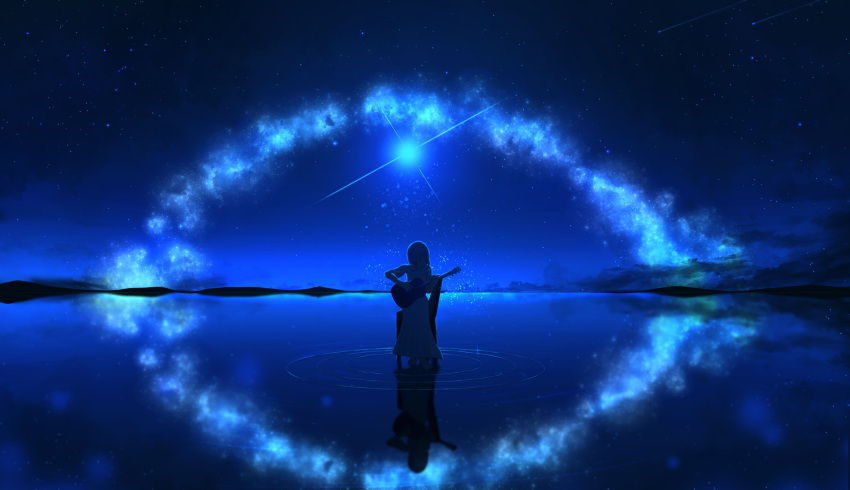 1girl adsuger backlighting blue blurry chair commentary_request dark diffraction_spikes dress fantasy guitar highres horizon instrument island long_hair milky_way music night night_sky ocean original outdoors playing_instrument reflection ripples scenery shooting_star sitting sky solo star_(sky) starry_sky surreal water white_dress white_legwear wide_shot