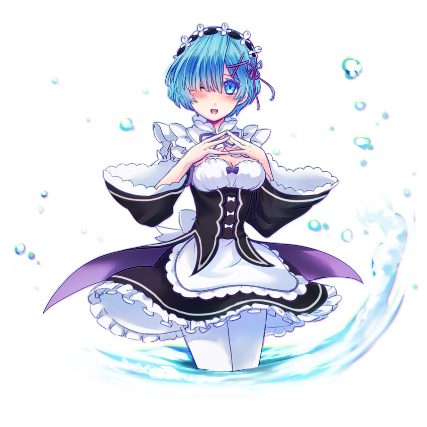 1girl ;d apron bangs blue_eyes blue_hair blush bow breasts butano_(star-dust_boxxx) cleavage detached_sleeves dress fingers_together frilled_dress frills hair_ornament hair_over_one_eye hands_up highres long_sleeves looking_at_viewer maid maid_apron maid_headdress medium_breasts one_eye_closed open_mouth purple_bow purple_ribbon re:zero_kara_hajimeru_isekai_seikatsu rem_(re:zero) ribbon smile solo waist_apron white_apron white_bow white_legwear wide_sleeves x_hair_ornament