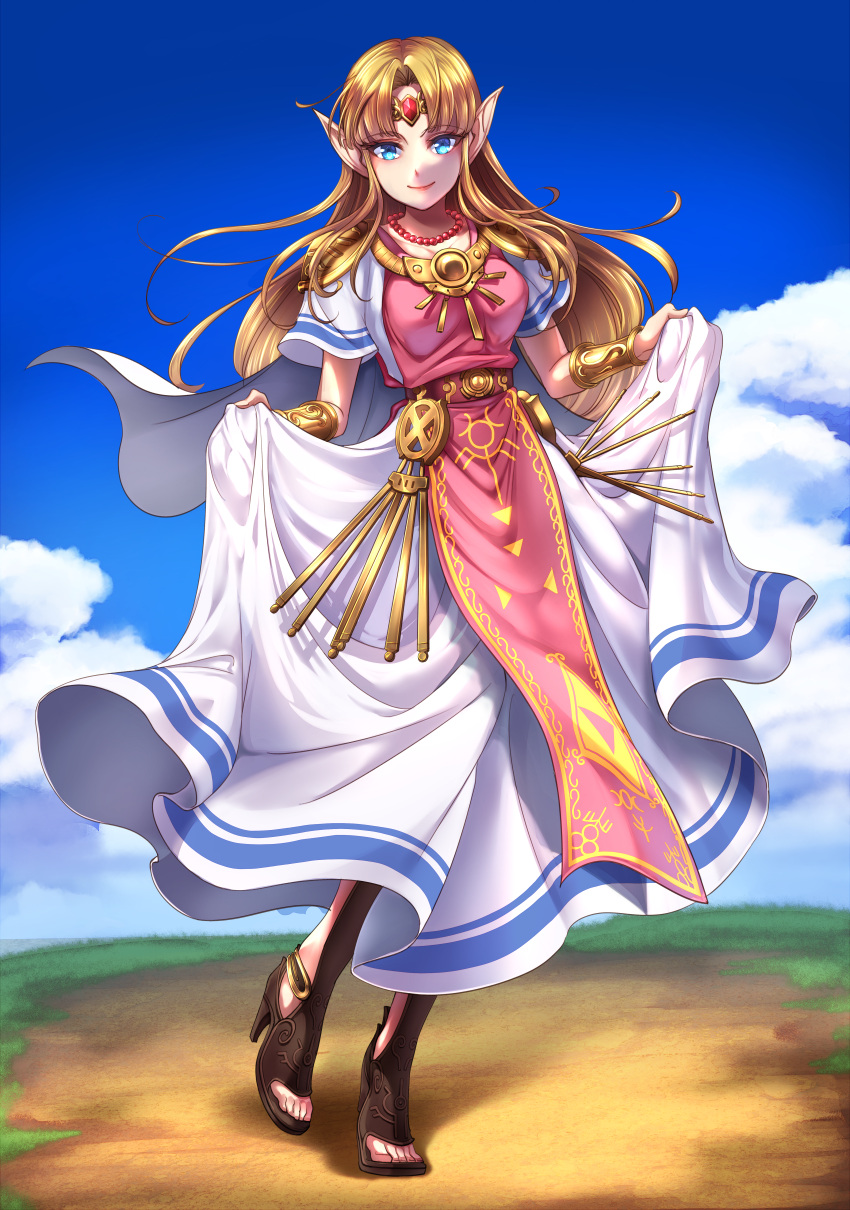 1girl absurdres bead_necklace beads blonde_hair blue_eyes blue_sky bracer breasts butano_(star-dust_boxxx) closed_mouth clouds curtsey day dress dress_lift eyebrows_visible_through_hair full_body gem gold grass hair_intakes high_heels highres huge_filesize jewelry lifted_by_self long_dress looking_at_viewer medium_breasts necklace nintendo outdoors pointy_ears princess princess_zelda short_sleeves shoulder_pads sky smile solo straight_hair the_legend_of_zelda the_legend_of_zelda:_a_link_between_worlds tiara triforce