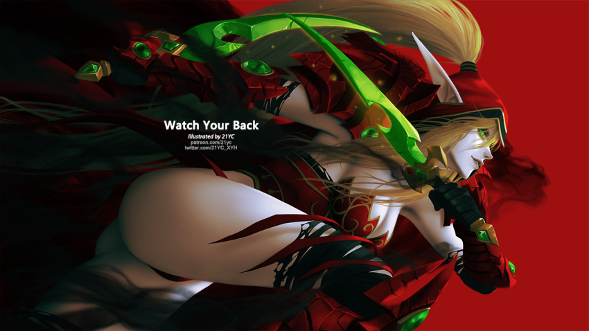 1girl 21yc_(september_breeze) ass black_legwear blonde_hair blood_elf breasts cleavage dual_wielding elbow_gloves elf gloves green_eyes high_ponytail holding holding_weapon hood long_hair medium_breasts pale_skin patreon_username pointy_ears red_background solo thighhighs_under_boots torn_clothes torn_legwear twitter_username valeera_sanguinar warcraft weapon world_of_warcraft