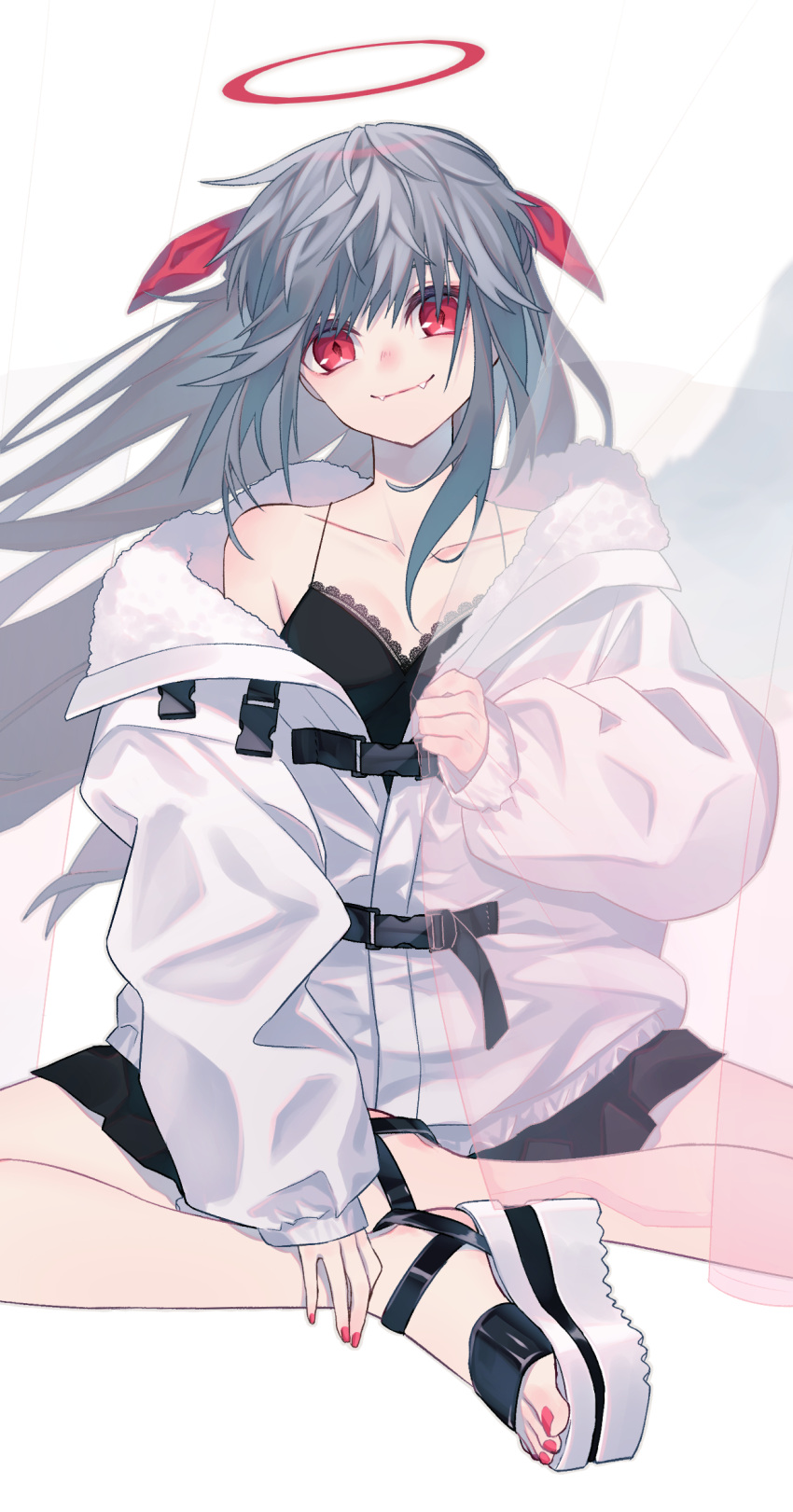 1girl armpit_crease bangs bare_shoulders belt black_shirt black_skirt camisole closed_mouth coat collarbone fangs floating_hair fur-trimmed_coat fur_trim grey_hair hair_ribbon haizome_senri halo head_tilt highres lace_trim long_hair long_sleeves looking_at_viewer miniskirt nail_polish off_shoulder original platform_footwear puffy_sleeves red_eyes red_nails red_ribbon ribbon sandals shirt single_wing sitting skirt sleeves_past_wrists smile solo tail very_long_hair white_coat white_footwear wings