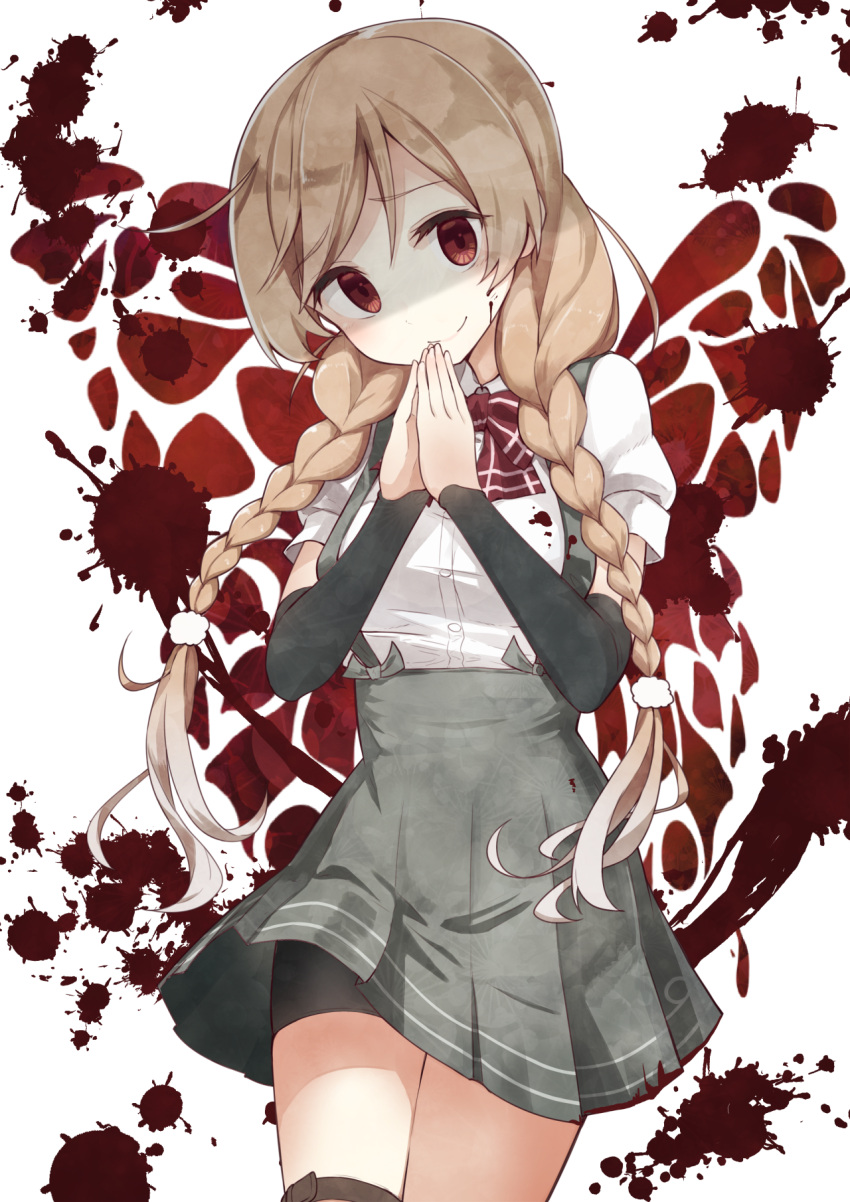 1girl ahoge bangs bike_shorts black_legwear blonde_hair blood blood_on_face blood_splatter blush bow bowtie braid breasts closed_mouth commentary_request cowboy_shot crazy_smile detached_sleeves empty_eyes eyebrows_visible_through_hair grey_skirt head_tilt high-waist_skirt highres kantai_collection long_hair long_sleeves looking_at_viewer medium_breasts minegumo_(kantai_collection) multicolored multicolored_background own_hands_together red_bow red_eyes red_neckwear shaded_face shirt short_sleeves shorts shorts_under_skirt skirt smile solo suspender_skirt suspenders tareme thigh-highs thighs twin_braids white_shirt yandere yopan_danshaku