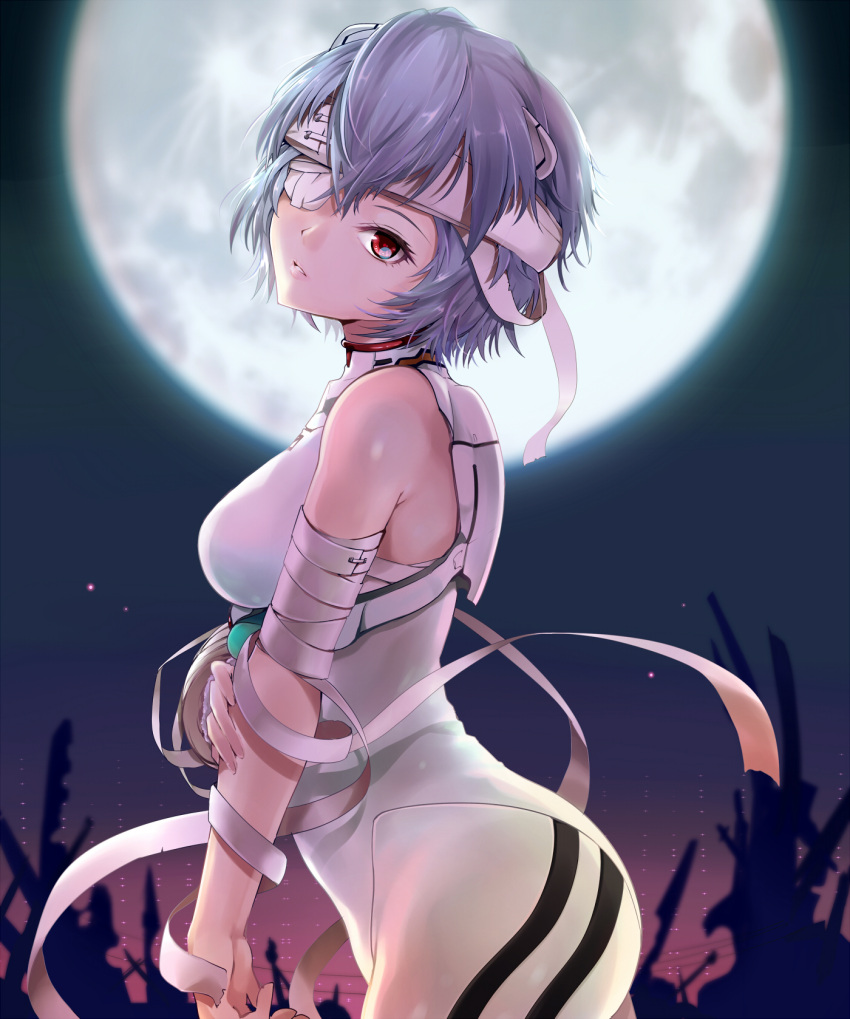 1girl ayanami_rei bandage bandaged_arm bandages bare_shoulders blue_hair bodysuit breasts commentary_request cowboy_shot eyepatch from_side full_moon hair_ornament hand_on_own_arm head_tilt highres kasai_shin looking_at_viewer looking_to_the_side medical_eyepatch medium_breasts moon neon_genesis_evangelion night night_sky one_eye_covered outdoors parted_lips plugsuit red_eyes ruins short_hair sky solo white_bodysuit