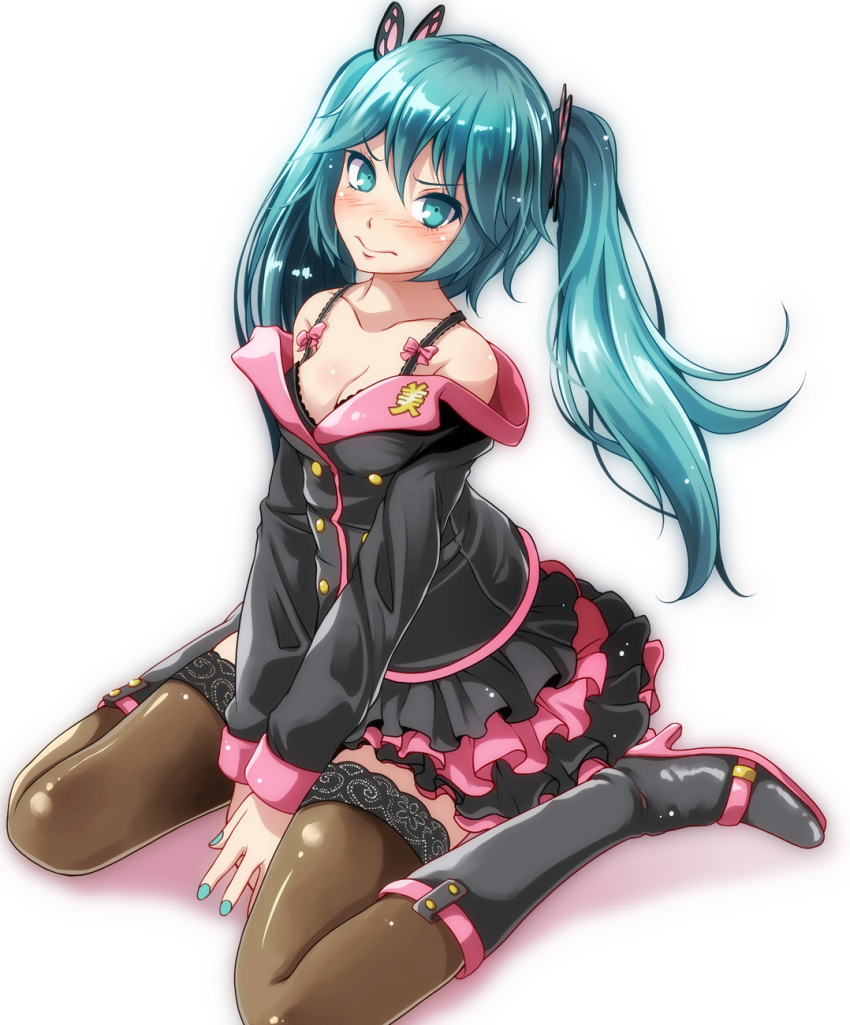 1girl aqua_eyes aqua_hair aqua_nails bangs between_legs black_bra black_footwear black_jacket black_skirt blush boots bow bra breasts brown_legwear butterfly_hair_ornament cleavage closed_mouth collarbone eyebrows_visible_through_hair frown full_body hair_ornament hand_between_legs hatsune_miku high_heel_boots high_heels highres jacket knee_boots layered_skirt long_hair long_sleeves looking_at_viewer medium_breasts nail_polish nose_blush off_shoulder open_clothes open_jacket own_hands_together pink_bow project_diva_(series) shiny shiny_hair simple_background sitting skirt solo thigh-highs tsukishiro_saika twintails underwear v-shaped_eyebrows vocaloid wariza white_background