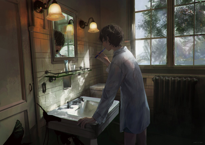 1boy bathroom boxers brown_hair brushing_teeth commentary_request cup door dress_shirt heater highres indoors lights long_sleeves looking_at_mirror mirror open_mouth original reflection shirt sink teru2307 tile_wall tiles toilet toothpaste tree underwear white_shirt window